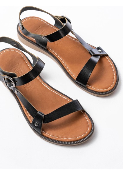 205-090 Siyah Deri Tokalı Kadın Sandalet fırsatları