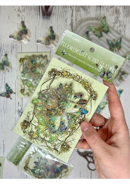 Fluorescent Scıntıllatıon Işıl Işıl Yeşil Kelebekler Şeffaf Pet Sticker Set/çıkartma/su Geçirmez/altın Yaldızlı/bullet Journal
