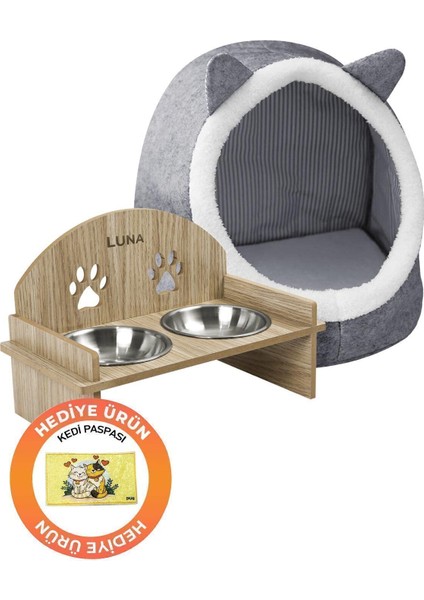 Gri Keçe Kedi ve Köpek Evi Yatağı-Mama Kabı 2 Kaseli Kedi-Köpek Suluk,mamalık Paspas Seti