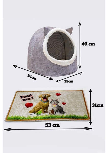 Gri Keçe Kedi ve Köpek Evi Yatağı-Mama Kabı 2 Kaseli Kedi-Köpek Suluk,mamalık Paspas Seti indirimleri