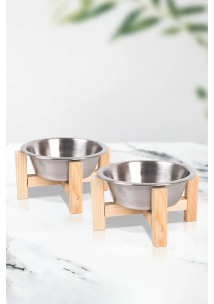 Ahşap Standlı Seramik Dekoratif Yükseltilmiş 2 Adet Kedi Köpek Mama ve Su Kabı