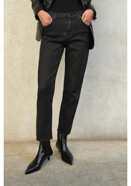 Issa Slim Fit Yüksek Bel Kaplamalı Siyah Kadın Jean Pantolon