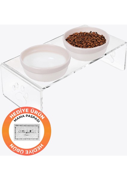 Kedi ve Köpek Dekoratif 2'li Seramik Pleksi Mama & Su Kabı+ Paspas