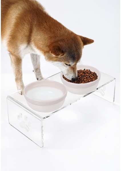 Kedi ve Köpek Dekoratif 2'li Seramik Pleksi Mama & Su Kabı+ Paspas