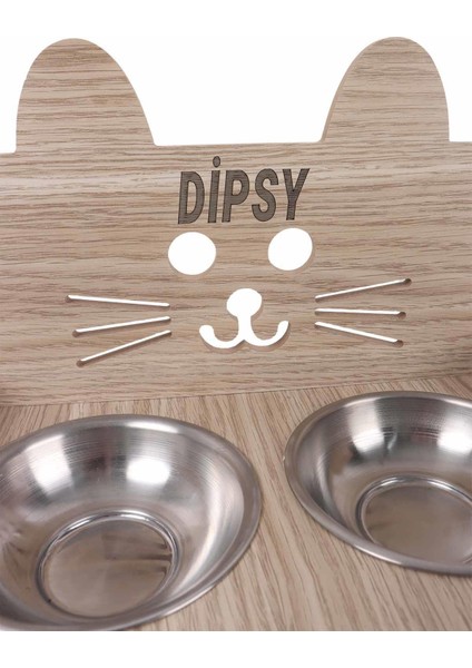 Ahşap Özel Isim Baskılı, Kedili Kedi Mama Su Kabı Standı modelleri