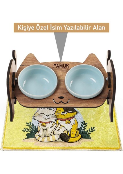 Ahşap Özel Isim Baskılı Kedi Mama Seramik Su Kabı Standı Hediye Kedi Halısı modelleri