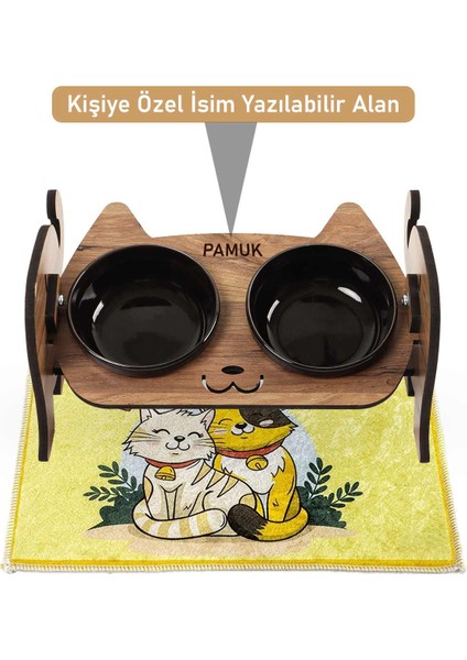 Ahşap Özel Isim Baskılı, Kedi Mama Seramik Su Kabı Standı + Hediye Kedi Halısı Siyah fırsatları