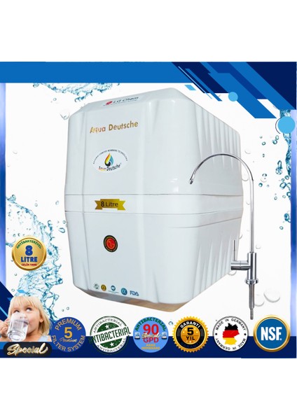 Specıal 8 Litre Antibakteriyel Çelik Tanklı 90 Gpd Nano Membranlı Gümüş Iyon Kompozit Tatlandırıcılı Su Arıtma Cihazı