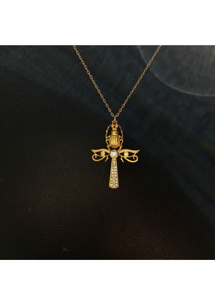Gold Kaplama Scarab Ankh Gümüş Kolye