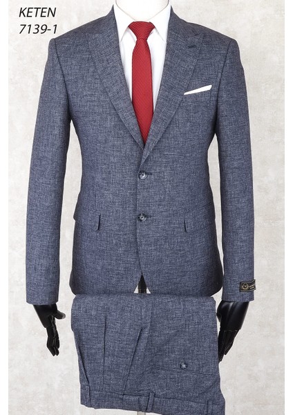 Keten Pileli Pantolon Slim Fit Sivri Yaka-Çift Yırtmaç Fileli Astar Drop 6 Takım Elbise