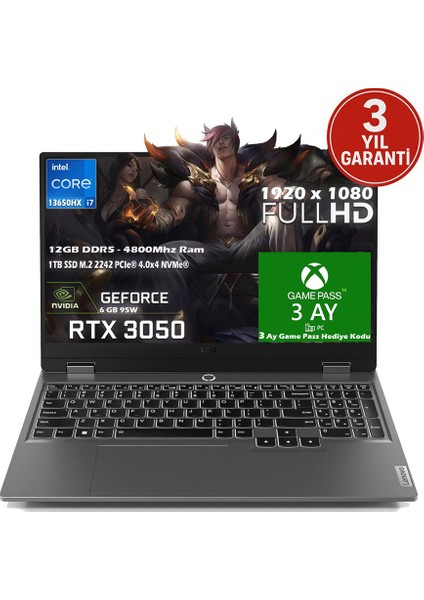 LOQ 15IRX9 Intel Core İ7 13650HX 12GB 1TB SSD RTX 3050 (95W) 15.6" sRGB 144Hz FHD IPS Panel Freedos Taşınabilir Bilgisayar 83DV011CTR