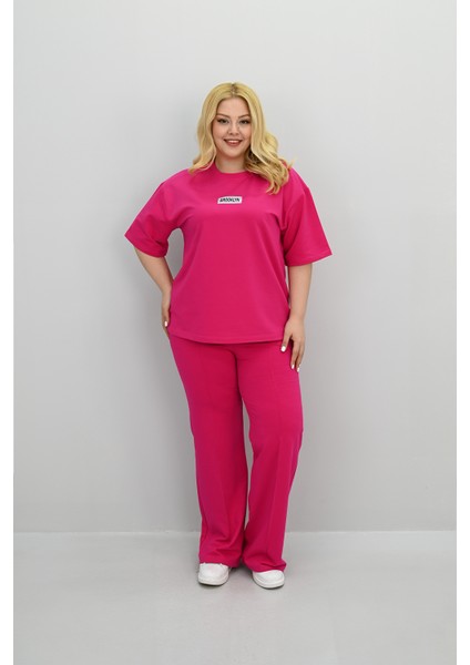 Kadın Büyük Beden Kısa Kollu Etiket Detaylı Bol Paça Eşofman Takımı 8196-25 fiyatları