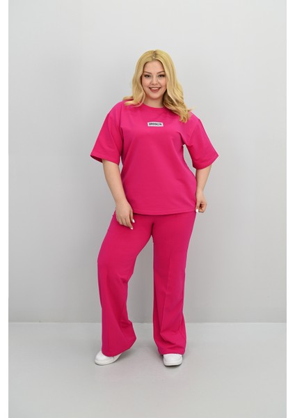 Kadın Büyük Beden Kısa Kollu Etiket Detaylı Bol Paça Eşofman Takımı 8196-25 modelleri