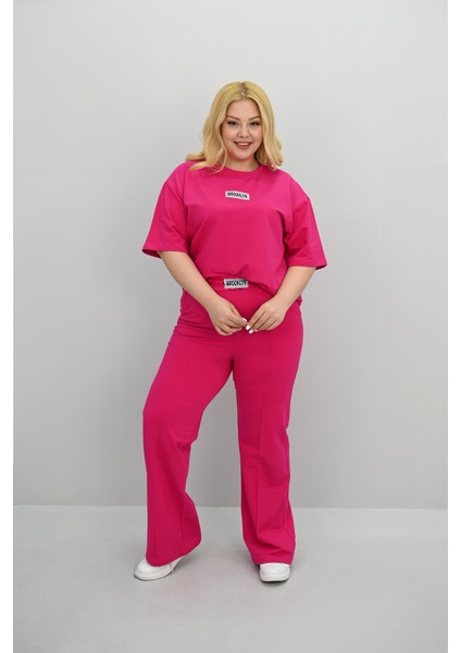 Kadın Büyük Beden Kısa Kollu Etiket Detaylı Bol Paça Eşofman Takımı 8196-25 fırsatları
