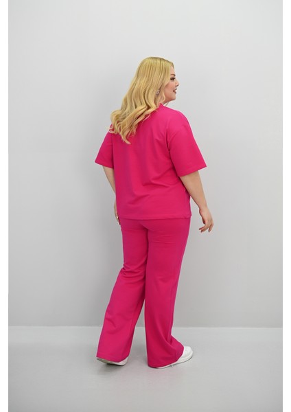 Kadın Büyük Beden Kısa Kollu Etiket Detaylı Bol Paça Eşofman Takımı 8196-25 indirimleri