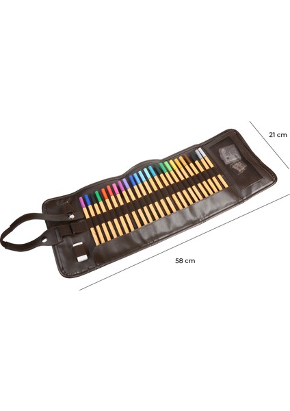 Rulo Kalemlik,Sanatsal Kalemlik,Dereceli Kalem ve Teknik Çizim Çantası,Vegan Deri,24'lü,Çıtçıtlı,Açık 21*58 cm.,Kahverengi
