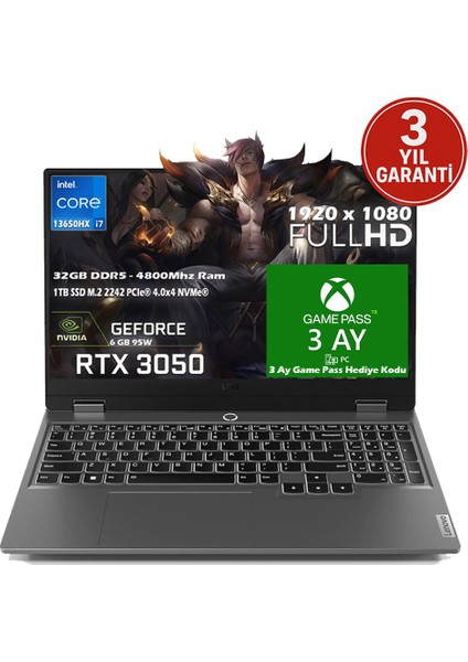 Loq 15IRX9 Intel Core I7 13650HX 32GB 1tb SSD Rtx 3050 (95W) 15.6" Srgb 144Hz Fhd IPS Panel Freedos Taşınabilir Bilgisayar 83DV011CTRH1