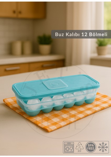 4\'lü Set Buz Kalıbı 12 Bölmeli Esnek Silikon Buz Küpü Bpa Free Kare Bas Parmak Buzluk Çapı 3,5 cm Mavi