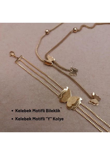 Zarif Kelebek Tasarımlı Gold Renk Çelik Takı Seti - Kolye ve Bileklik Kombinasyonu fırsatları