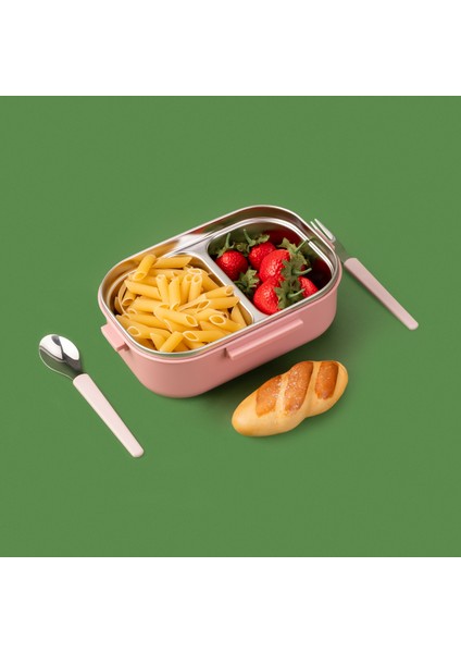 Tantioni Dikdörtgen Çatal ve Kaşıklı Yemek Taşıma Kabı - Pembe - 850 ml
