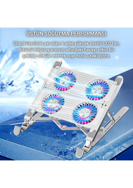 4 Fanlı Rgb Işıklı Laptop Soğutucu Stand, 7 Kademeli Yükseklik Ayarlı Portatif Taşınabilir Stand