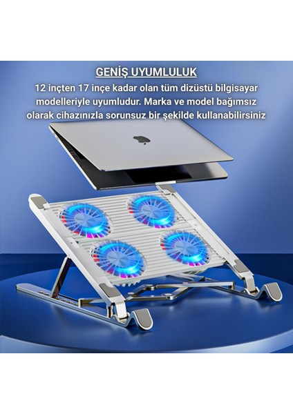 4 Fanlı Rgb Işıklı Laptop Soğutucu Stand, 7 Kademeli Yükseklik Ayarlı Portatif Taşınabilir Stand