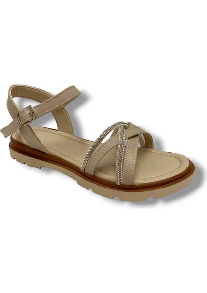 E798-25 Deri Anatomik Çapraz Bant Taşlı Kadın sandalet