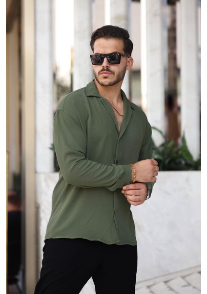 Erkek Yeşil Rahat Kesim Dokulu Oversize Salaş Aerobin Gömlek
