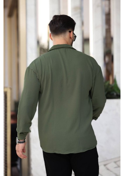 Erkek Yeşil Rahat Kesim Dokulu Oversize Salaş Aerobin Gömlek indirimleri