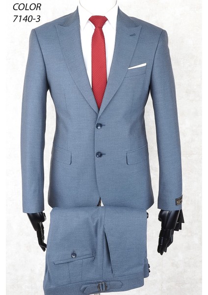 Slim Fit Iki Düğme Sivri Yaka Çift Yırtmaç Tokalı Pantolon Blue Gray Drop 6 Takım Elbise