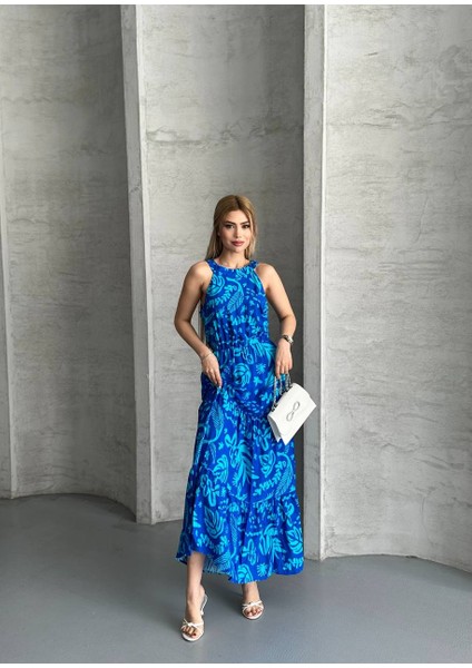 Desenli Halter Yaka Maxi Elbise