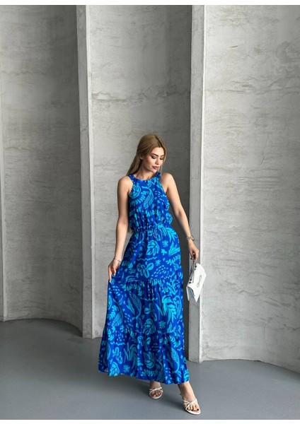 Desenli Halter Yaka Maxi Elbise modelleri