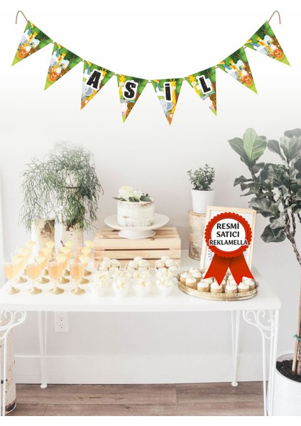 Model 54 Hayvanlı Safari Temalı Kişiye Özel Isimli Yazılı Banner Doğum Günü Süsü Flama Bayrakları