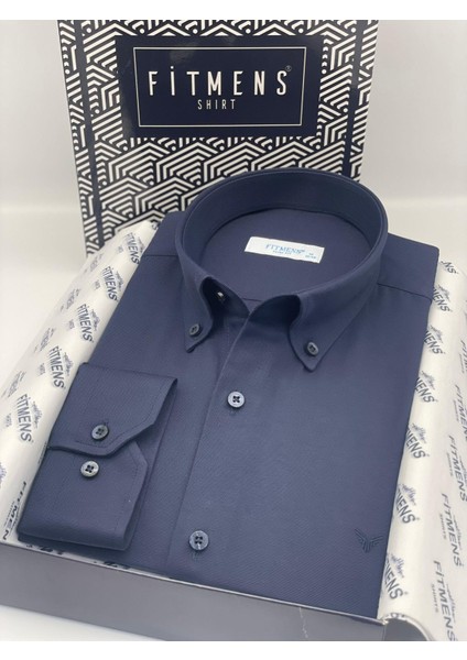 Erkek Slim Fit Uzun Kol Pamuklu Hediye Kutulu Gömlek - Lacivert
