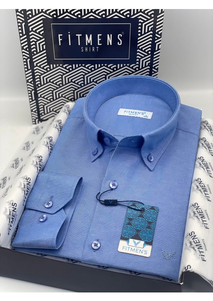 Erkek Slim Fit Uzun Kol Pamuklu Hediye Kutulu Gömlek - Saks Mavi