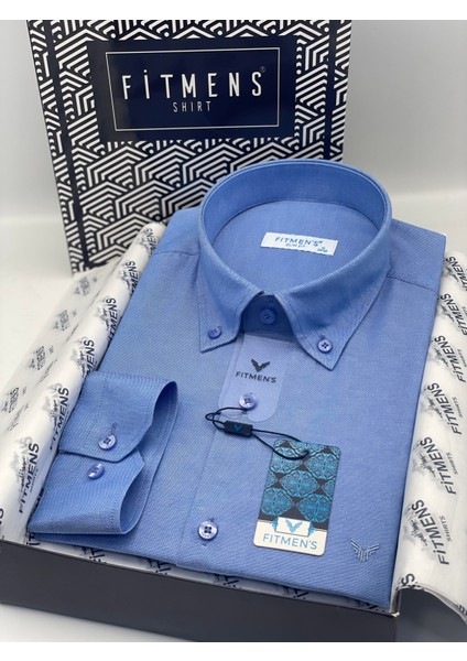 Erkek Slim Fit Uzun Kol Pamuklu Hediye Kutulu Gömlek - Saks Mavi fiyatları