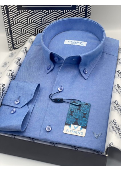 Erkek Slim Fit Uzun Kol Pamuklu Hediye Kutulu Gömlek - Saks Mavi modelleri