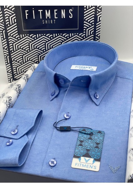 Erkek Slim Fit Uzun Kol Pamuklu Hediye Kutulu Gömlek - Saks Mavi fırsatları