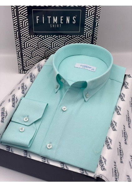 Slim Fit Uzun Kol Pamuklu Hediye Kutulu Kolay Ütülenebilir Erkek Gömlek FS-002225 - Mint