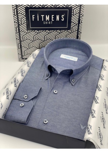 Erkek Slim Fit Uzun Kol Pamuklu Hediye Kutulu Gömlek - Indigo