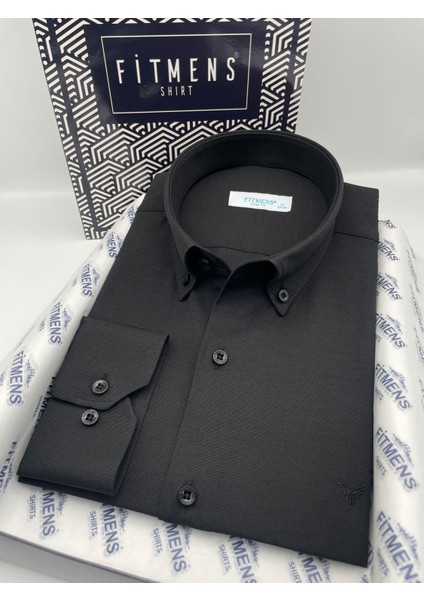 Erkek Slim Fit Uzun Kol Pamuklu Hediye Kutulu Gömlek - Siyah