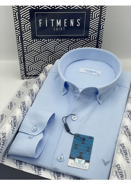 Erkek Slim Fit Uzun Kol Pamuklu Hediye Kutulu Gömlek - Buz Mavi