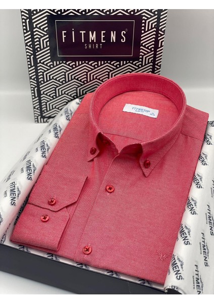 Slim Fit Uzun Kol Pamuklu Hediye Kutulu Kolay Ütülenebilir Erkek Gömlek FS-002225 - Kırmızı
