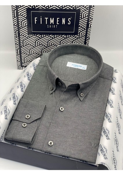 Slim Fit Uzun Kol Pamuklu Hediye Kutulu Kolay Ütülenebilir Erkek Gömlek FS-002225 - Antrasit