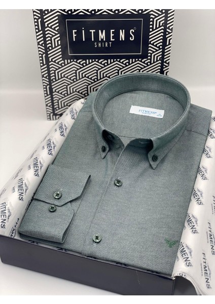 Slim Fit Uzun Kol Pamuklu Hediye Kutulu Kolay Ütülenebilir Erkek Gömlek FS-002225 - Yeşil