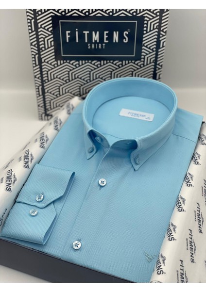 Slim Fit Uzun Kol Pamuklu Hediye Kutulu Kolay Ütülenebilir Erkek Gömlek FS-002225 - Turkuaz