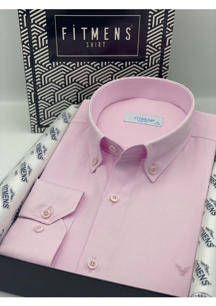 Slim Fit Uzun Kol Pamuklu Hediye Kutulu Kolay Ütülenebilir Erkek Gömlek FS-002225 - Pembe
