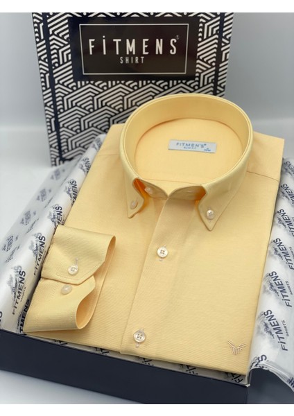 Slim Fit Uzun Kol Pamuklu Hediye Kutulu Kolay Ütülenebilir Erkek Gömlek FS-002225 - Sarı