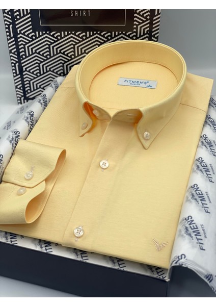 Slim Fit Uzun Kol Pamuklu Hediye Kutulu Kolay Ütülenebilir Erkek Gömlek FS-002225 - Sarı fiyatları