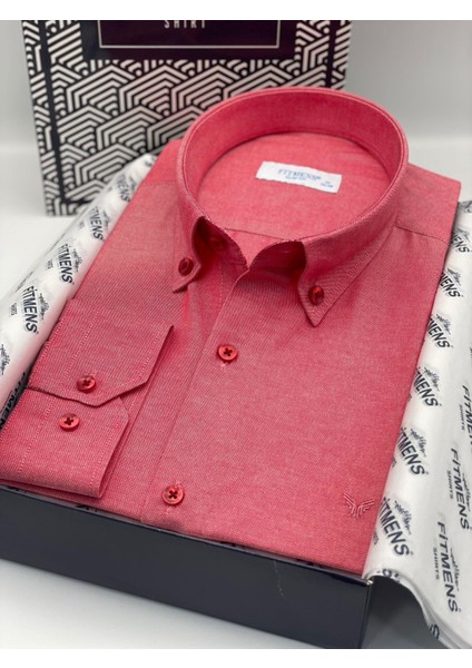 Slim Fit Uzun Kol Pamuklu Hediye Kutulu Kolay Ütülenebilir Erkek Gömlek FS-002225 - Kırmızı fiyatları